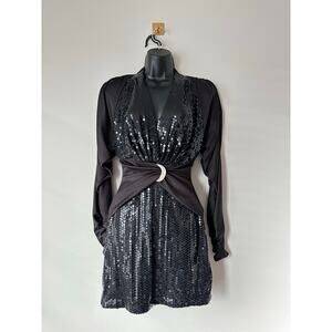 Vintage 80s Black Sequin Mini Dress Long Sleeve Open Back Crescent Moon Size 9
